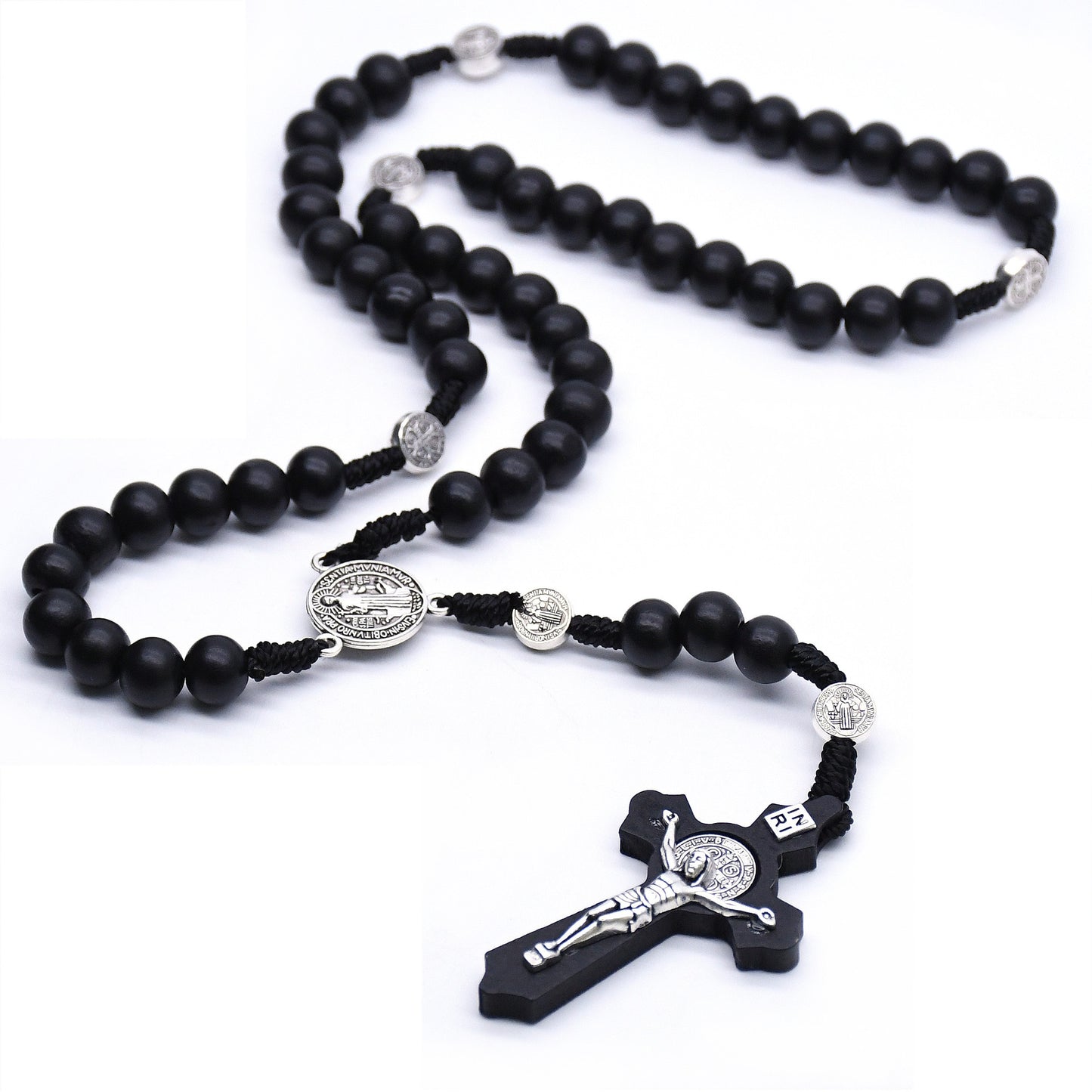 Rosary with Black Wooden Beads and Benedictine Cross