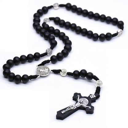 Rosary with Black Wooden Beads and Benedictine Cross