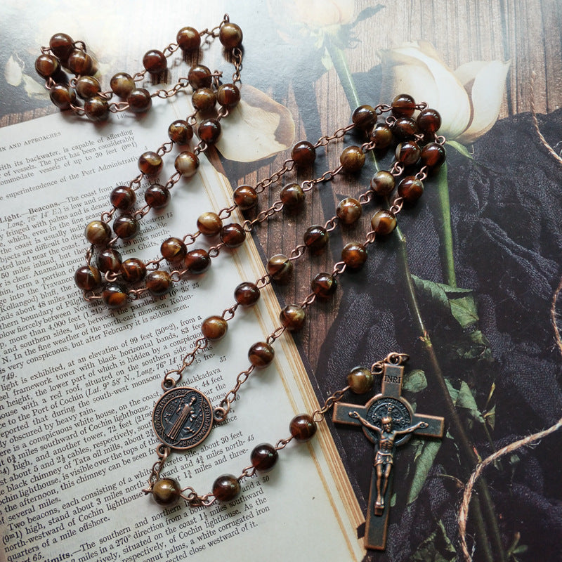 Catholic Rosary with synthetic Agate beads and Benedictine Cross vintage look