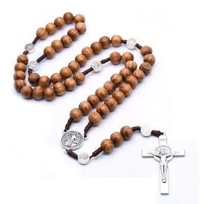 Pine Wooden Bead Cross Rosary Necklace