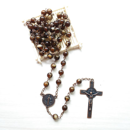 Catholic Rosary with synthetic Agate beads and Benedictine Cross vintage look