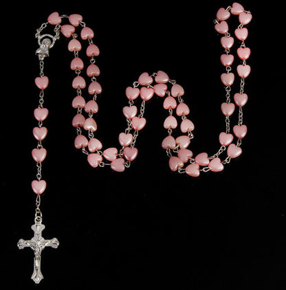 Love Pink Rosary Necklace Virgin Mary Cross Jewelry Baptism Beads Christ Jesus Prayer Counting Bead Chain