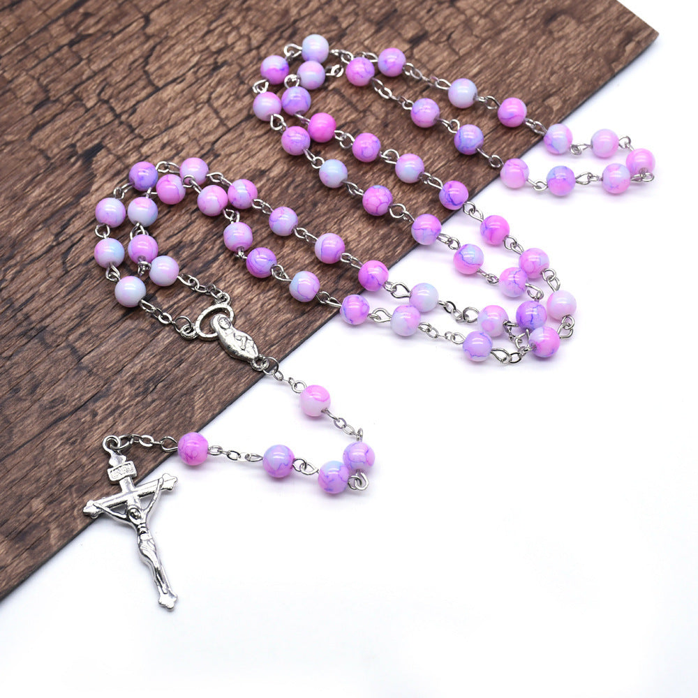 6mm Plum Color Glass Beads Madonna Rosary