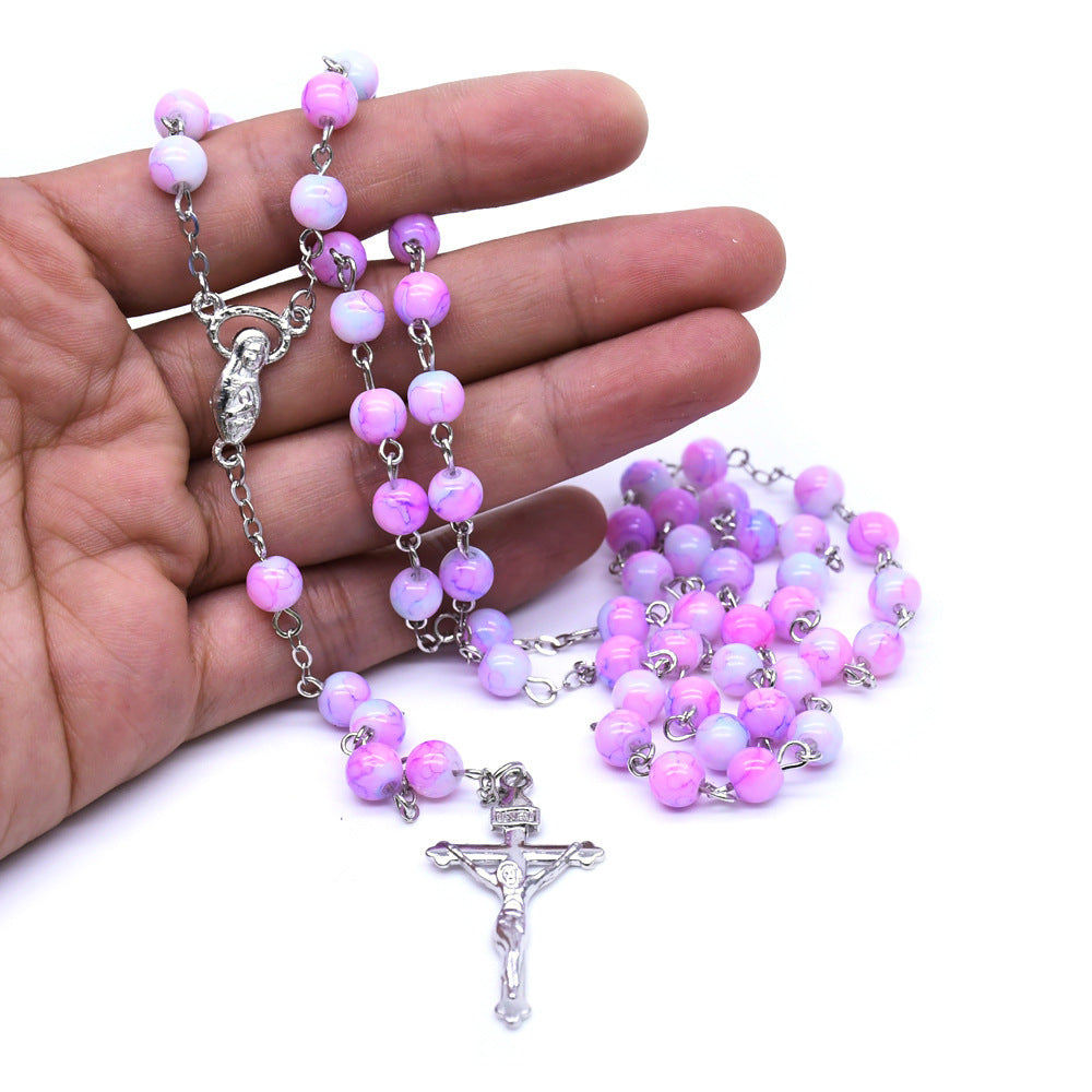 6mm Plum Color Glass Beads Madonna Rosary