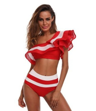 new European and American sexy sand bathing suit European and American two-color color matching one-shoulder swimsuit