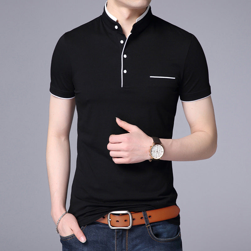 Casual solid color stand collar cotton short sleeves