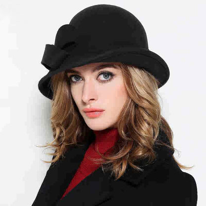 Women's French-style Elegant Retro Woolen Bowler Hat Curling Bow