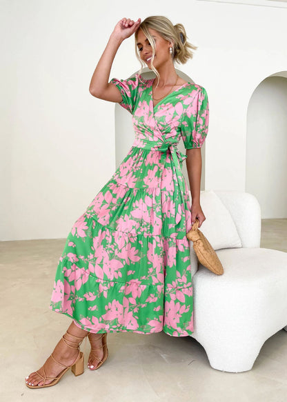 Lady Temperament Cross-collar Stomach Blanket-style Printed Dress