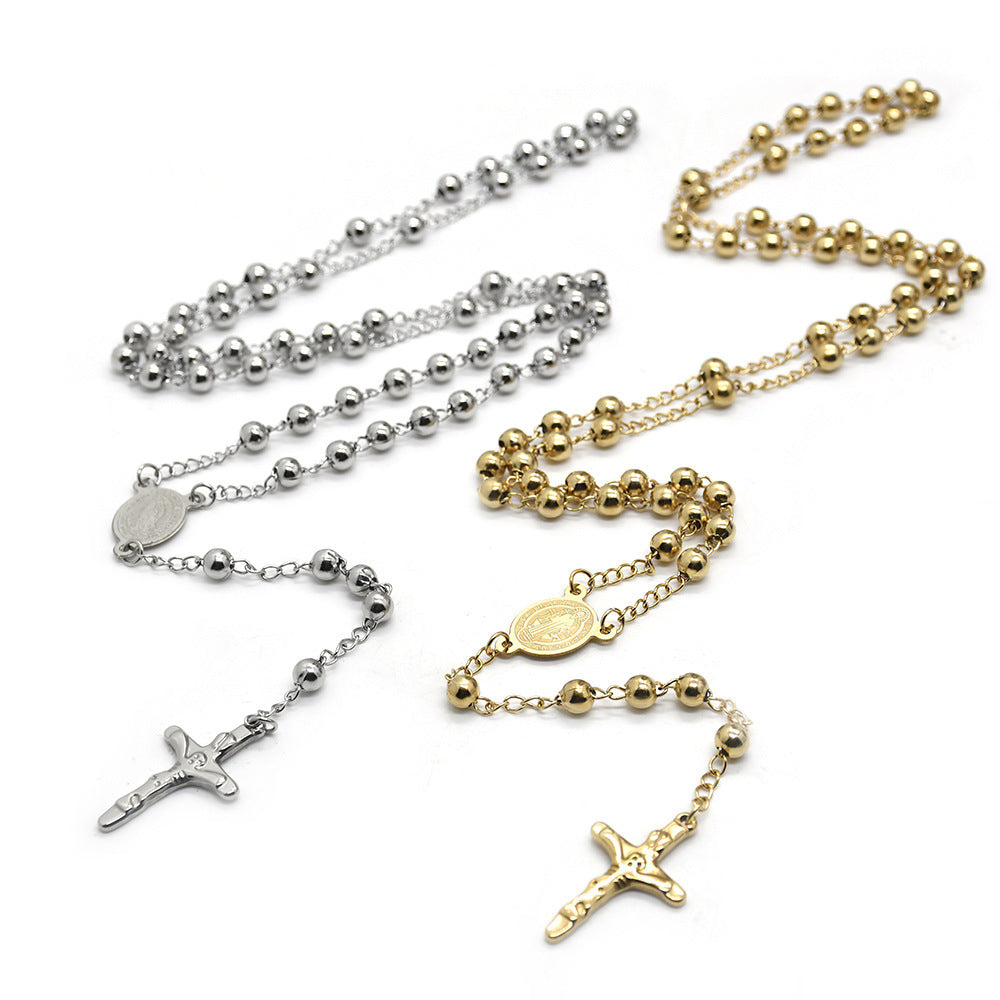 Stainless Steel Rosary Necklace Cross Gold And Silver Ornament