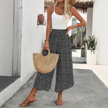 Casual Polka-dot Loose-fitting High Waist Tight Waist Wide Leg Pants