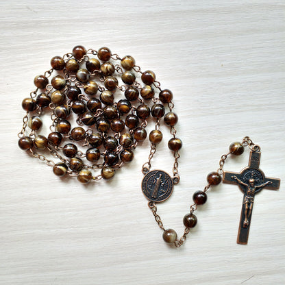 Catholic Rosary with synthetic Agate beads and Benedictine Cross vintage look