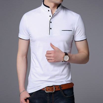 Casual solid color stand collar cotton short sleeves