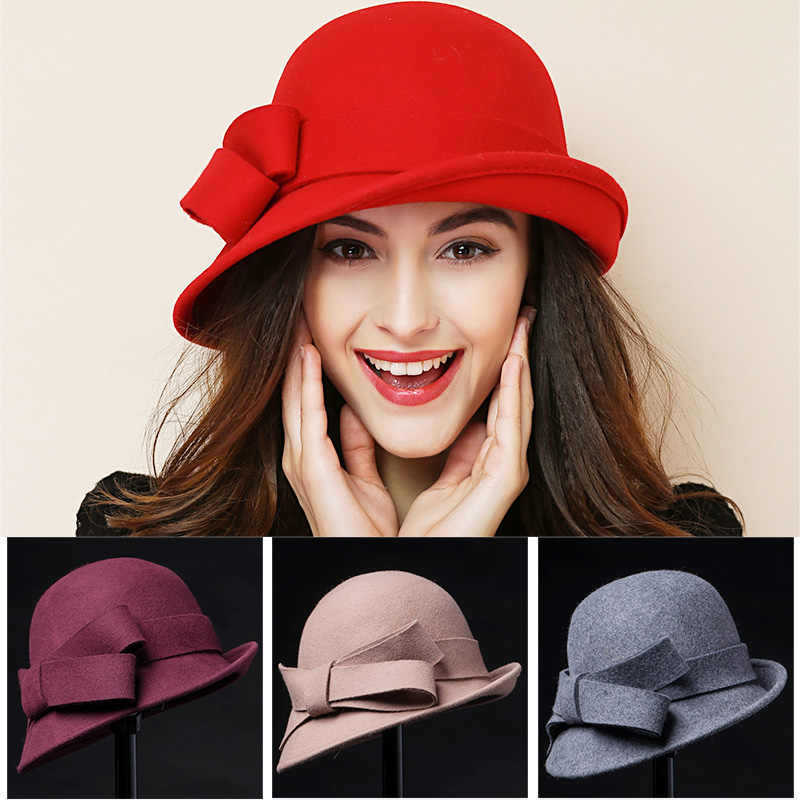 Women's French-style Elegant Retro Woolen Bowler Hat Curling Bow