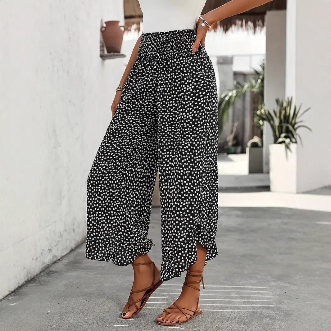 Casual Polka-dot Loose-fitting High Waist Tight Waist Wide Leg Pants