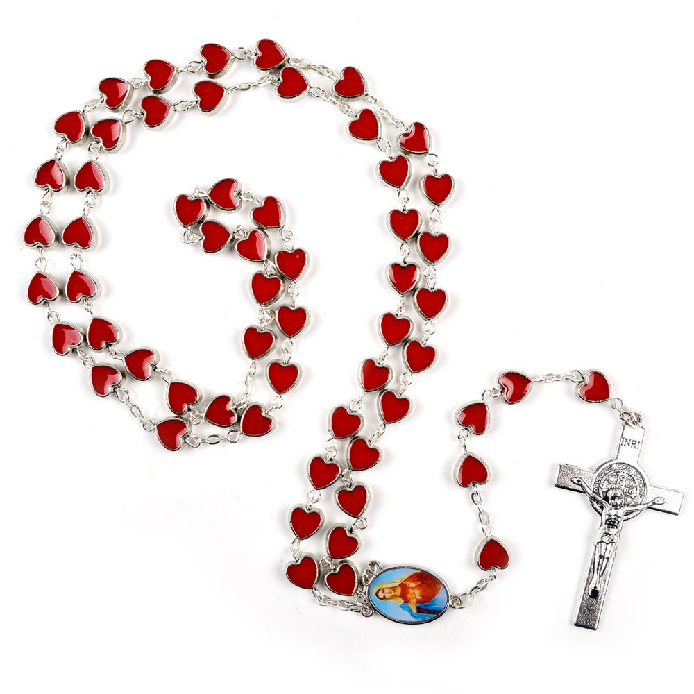 Drip Oil Alloy Heart Rosary Necklace Virgin Mary