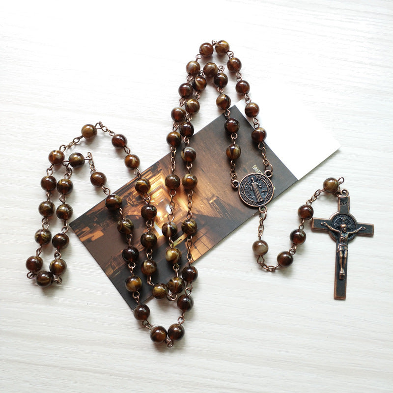 Catholic Rosary with synthetic Agate beads and Benedictine Cross vintage look