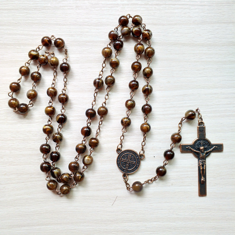 Catholic Rosary with synthetic Agate beads and Benedictine Cross vintage look