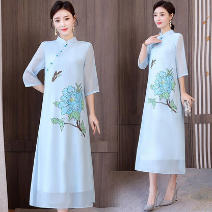 Chinese Style Improved Cheongsam Art Chiffon Dress