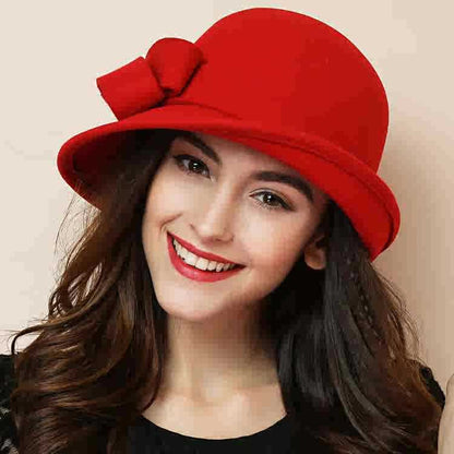 Women's French-style Elegant Retro Woolen Bowler Hat Curling Bow