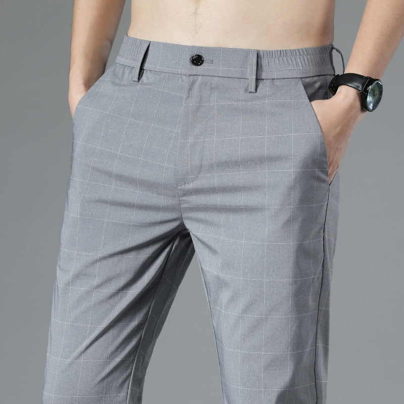 Plaid Ice Silk Men's Pants Summer Thin Slim Fit