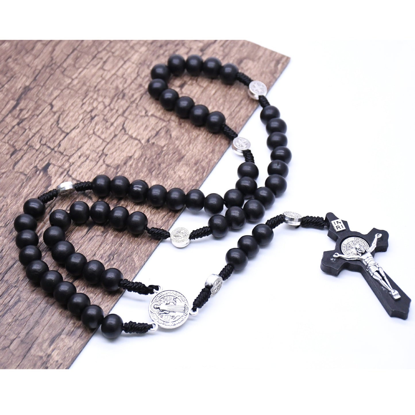 Rosary with Black Wooden Beads and Benedictine Cross