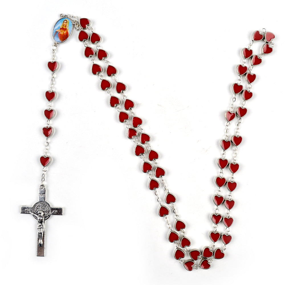 Drip Oil Alloy Heart Rosary Necklace Virgin Mary