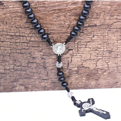 Rosary with Black Wooden Beads and Benedictine Cross