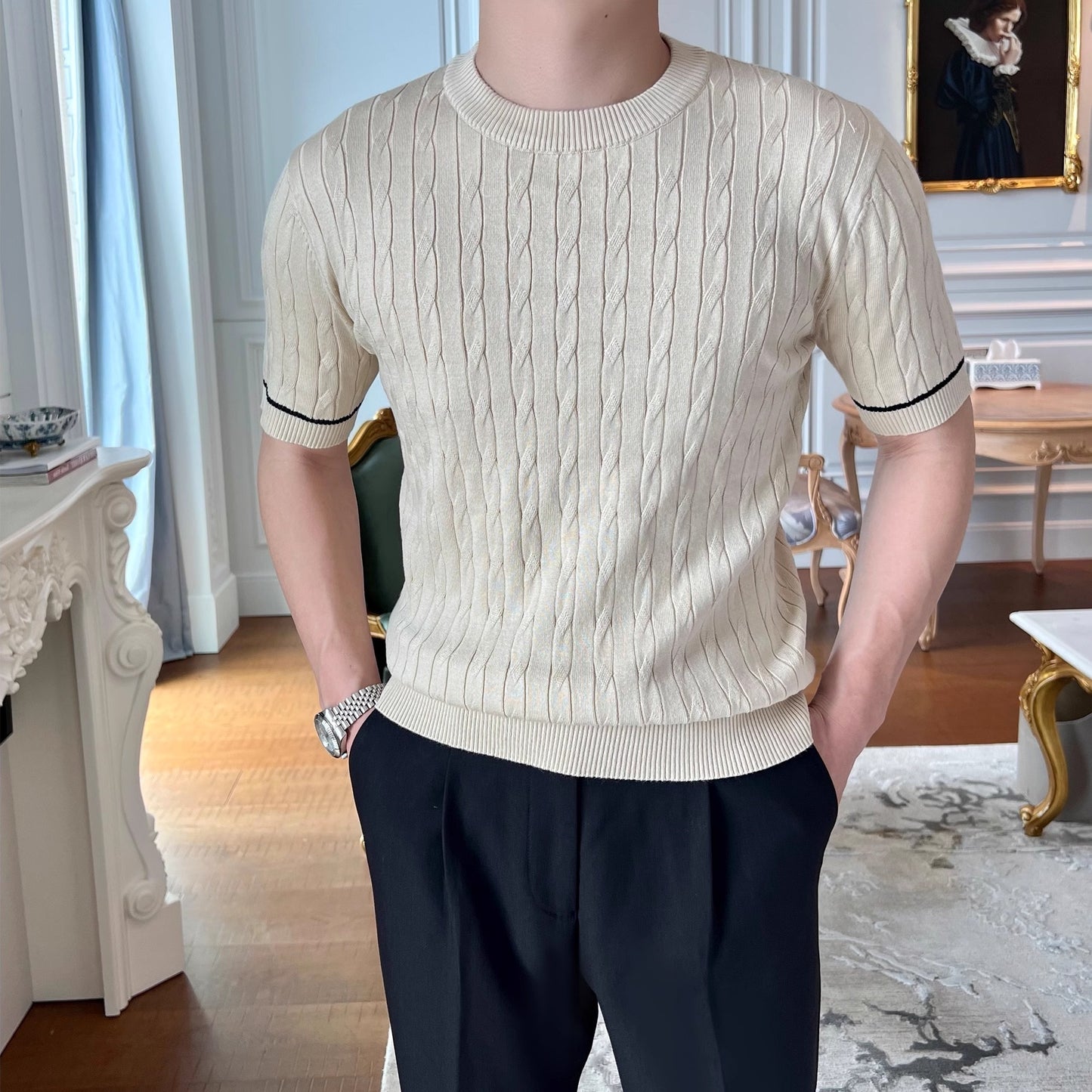 Men's Weaving Knitted Round Neck Short Sleeve T-shirt