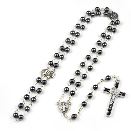 Rosary with Black Plastic beads and zinc metal Cross