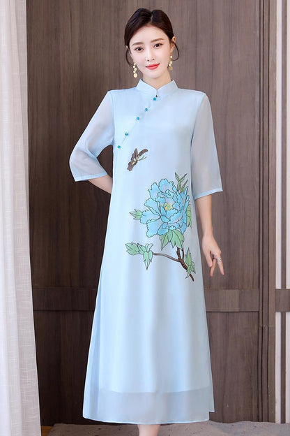 Chinese Style Improved Cheongsam Art Chiffon Dress