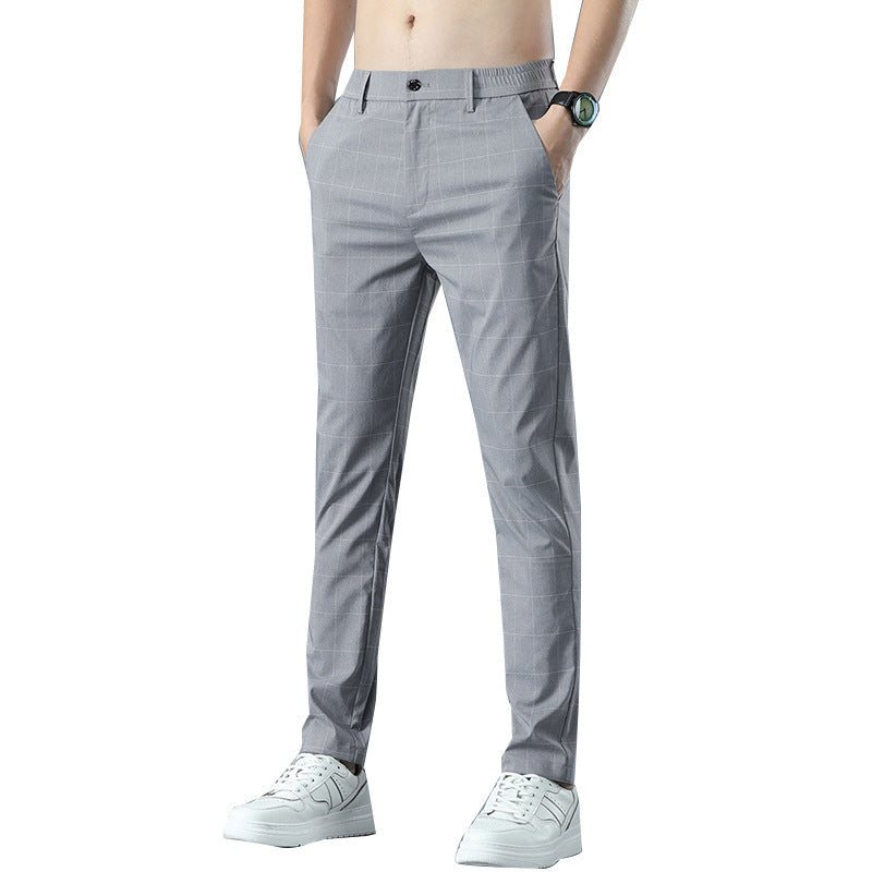 Plaid Ice Silk Men's Pants Summer Thin Slim Fit