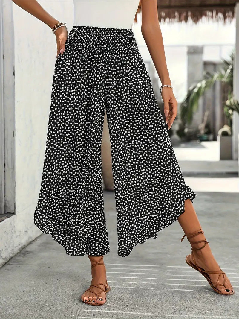 Casual Polka-dot Loose-fitting High Waist Tight Waist Wide Leg Pants