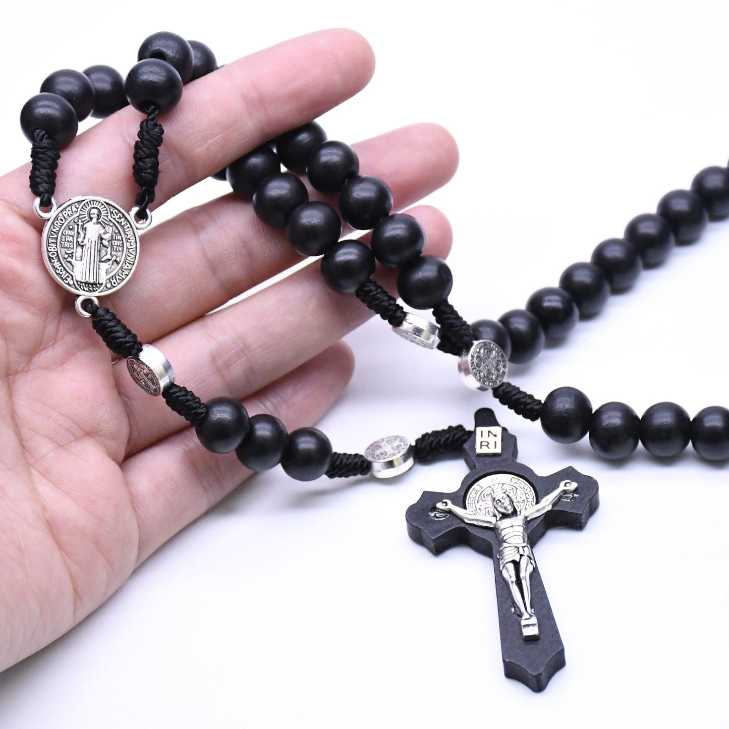 Rosary with Black Wooden Beads and Benedictine Cross