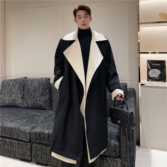 Fashionable Contrast Color Large Lapel Mix And Match Bandage Dress Fake Two-piece Suit Coat