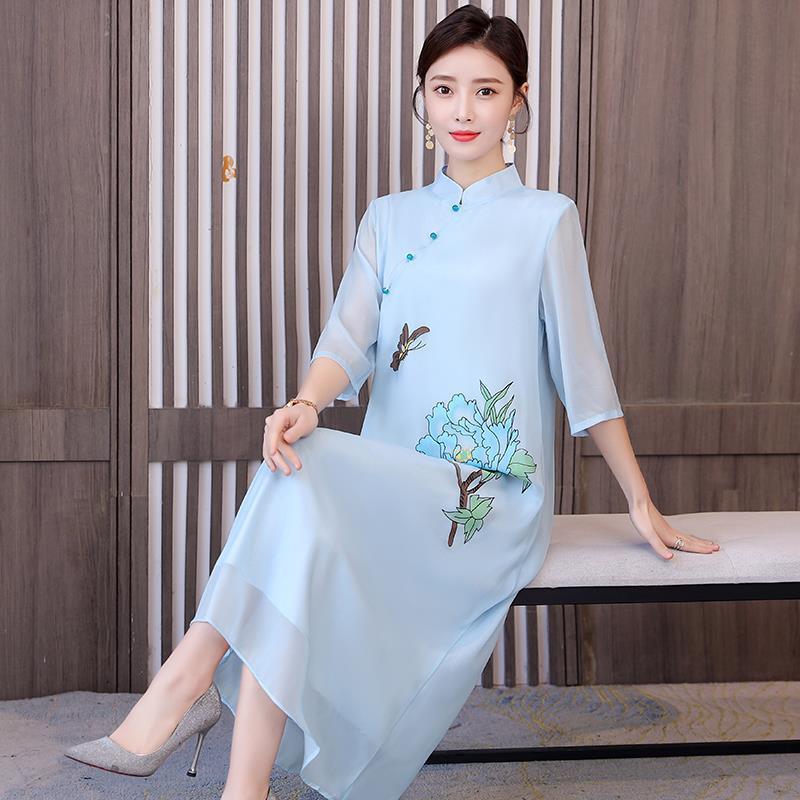 Chinese Style Improved Cheongsam Art Chiffon Dress