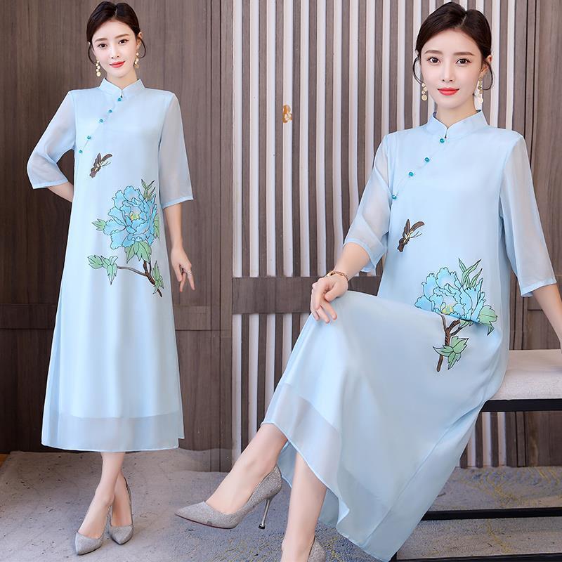 Chinese Style Improved Cheongsam Art Chiffon Dress