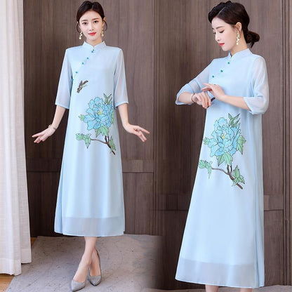 Chinese Style Improved Cheongsam Art Chiffon Dress