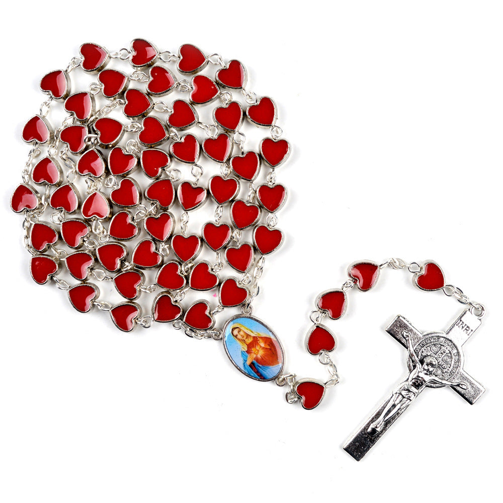 Drip Oil Alloy Heart Rosary Necklace Virgin Mary