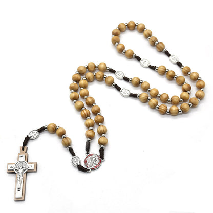 Pine Wooden Bead Cross Rosary Necklace